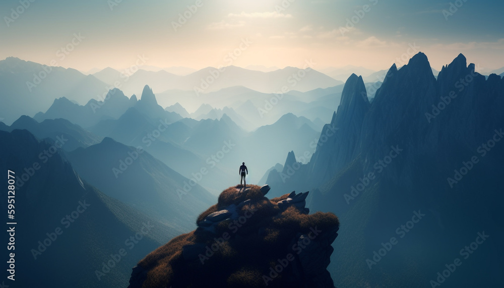 Silhouette standing high, achievement in extreme terrain generated by AI Silhouette standing high, achievement in extreme terrain generated by AI