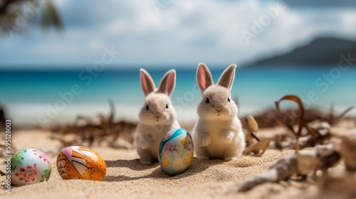 Two easter bunnies with Easter eggs on the tropical. Generative ai.