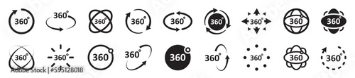 Set of 360 degrees view icons. Panorama to 360 degrees, virtual reality, round signs with arrows rotation to 360 degrees. Vector arrows circle.