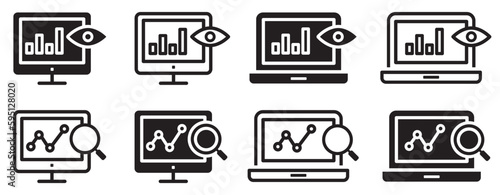 Set of monitoring icons. Research, business, marketing, strategy, search engine optimization. Analysis, growth, chart. Vector.