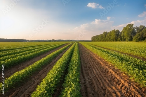Green ripening soybean field, agricultural landscape. Agriculture concept. Generative AI