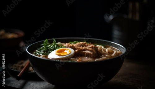 Freshly cooked gourmet soup in rustic bowl generated by AI