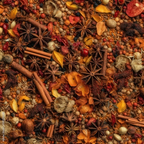 pattern with various spices and seasonings on the background. Neural network AI generated