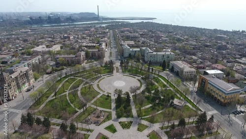 Static Central avenue square and Panorama of Mariupol Azovsteel from above on April 19, 2020 photo