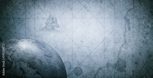 Ancient old globe on the vintage map background. Selective focus. Retro style. Science, education, travel, vintage background. History and geography team.