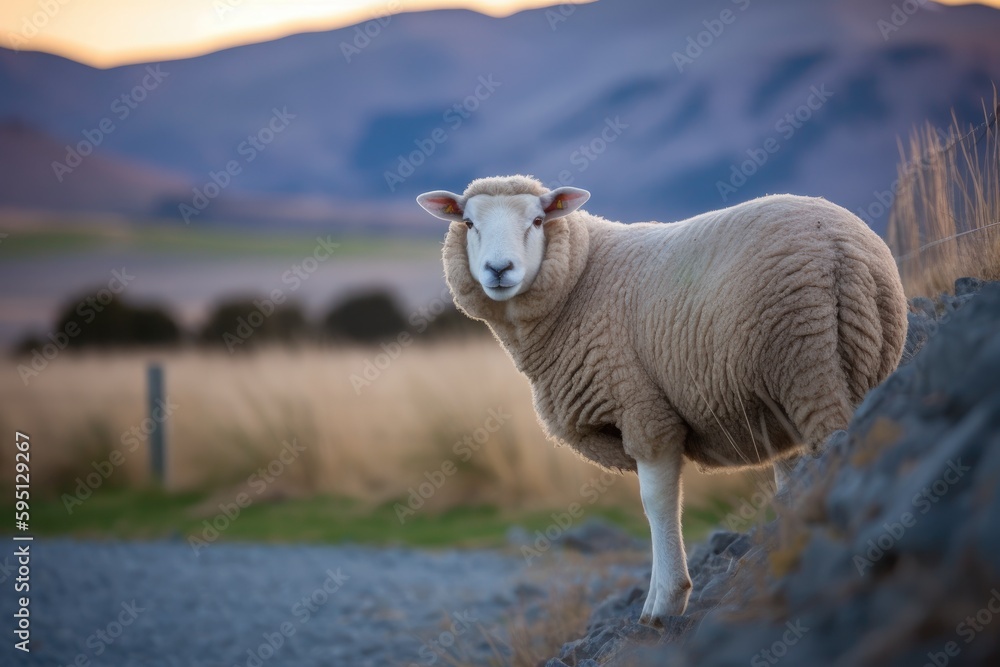 Obraz premium sheep standing on the side of a rural road. Generative AI