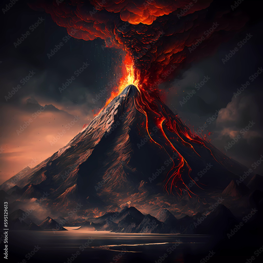 Volcano. smoke. Eruption. Fire lava. Generative AI