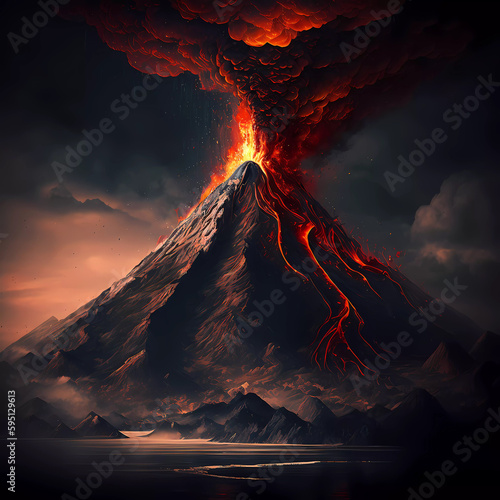 Volcano. smoke. Eruption. Fire lava. Generative AI
