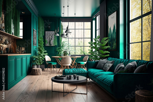 An interior design for a house that is modern and very stylish, green emerald colour is the dominant AI