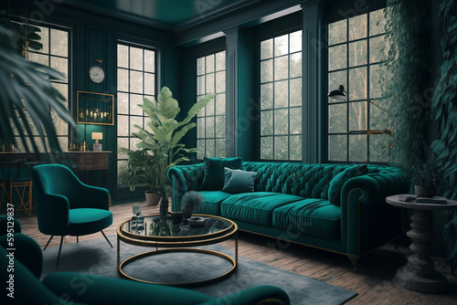 An interior design for a house that is modern and very stylish, green emerald colour is the dominant AI