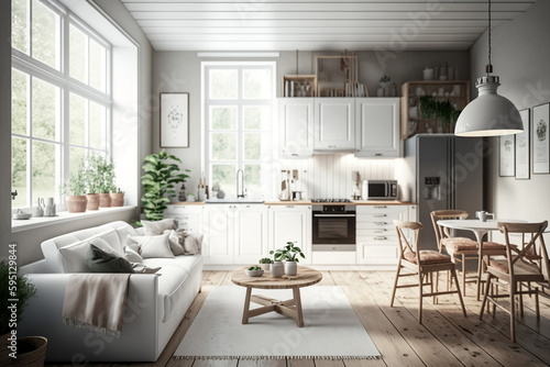 An interior design for a house that is modern and very stylish, white colour is dominant AI
