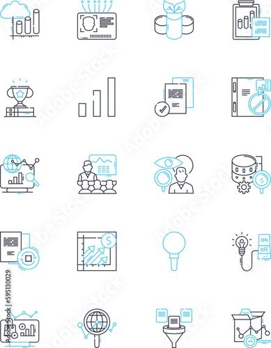 Inspection linear icons set. Evaluation, Verification, Audit, Assessment, Testing, Analysis, Examination line vector and concept signs. Scrutiny,Appraisal,Review outline illustrations photo