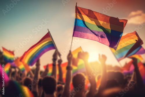 AI generated closeup rainbow flags of LGBT community blowing in wind at street of gay parade