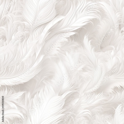 Elegant white feathers on white background seamless pattern