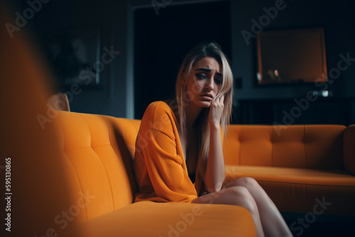 sad crying woman at home. Generative AI