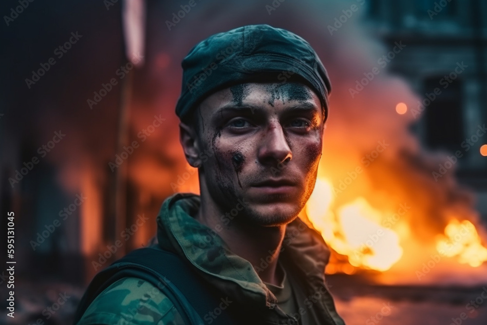 Fototapeta premium soldier in uniform in war zone, tired shocked or traumatic facial expression. Generative AI