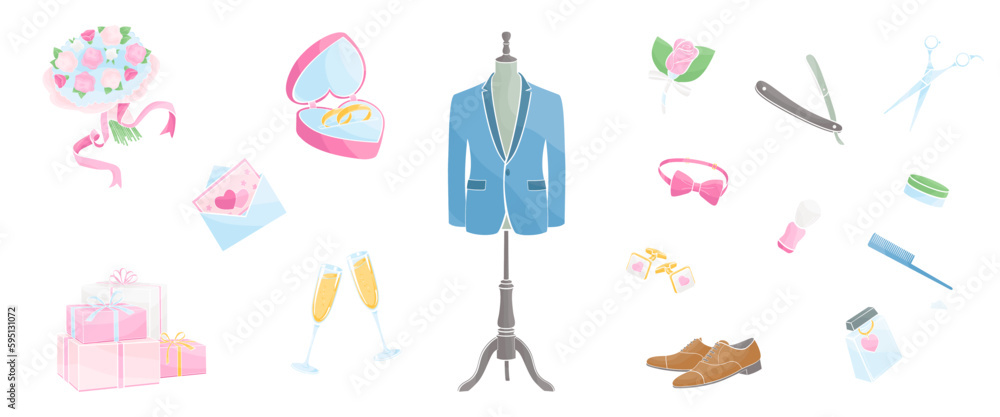 set items needed for a groom to look his best in wedding day, color vector illustration set items needed for a groom to look his best in wedding day, color vector illustration