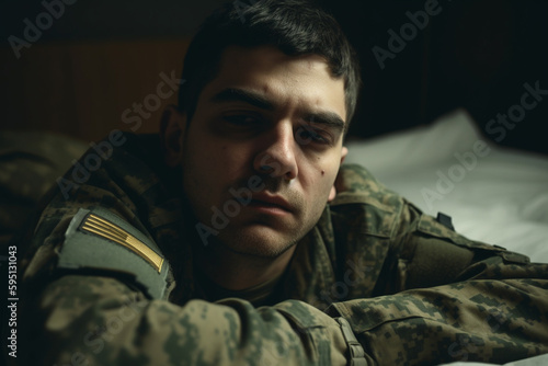 soldier in uniform in war zone, tired shocked or traumatic facial expression. Generative AI