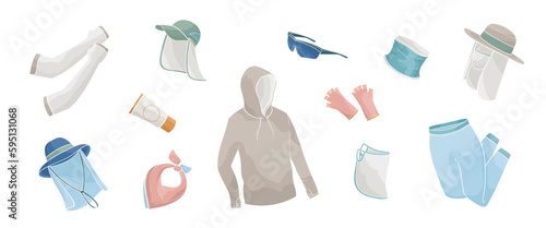 set elements about protective measures against the solar radiation and UV ultraviolet during outdoor sports, hats, clothes, gants, glasses, mask, color vector illustration 