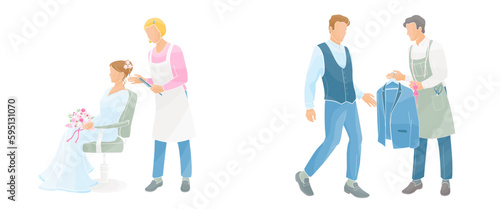 bride and  groom is preparing for wedding day, hairdresser makes the bride's hairstyle, tailor proposal suit for groom, outline color vector illustration