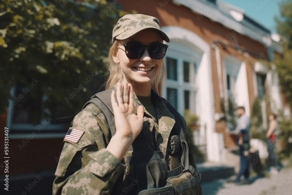 happy female military soldier waving her hand, soldier being drafted or returning home, fictional army affiliation. Generative AI