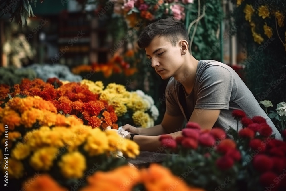 happy man at work, working in the gardening with many different flowers in bright colors. Generative AI