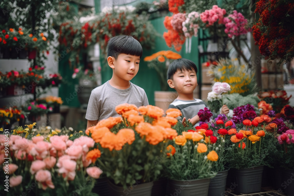 kids as customers or happy at work, working in the gardening with many different flowers in bright colors. Generative AI kids as customers or happy at work, working in the gardening with many different flowers in bright colors. Generative AI
