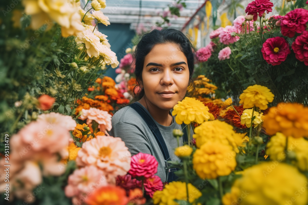 happy woman at work, working in the gardening with many different flowers in bright colors. Generative AI