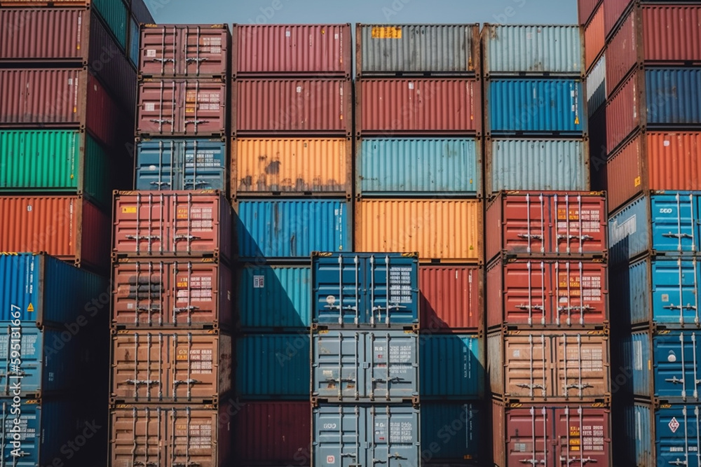 Fototapeta premium ship container, container at the port with fictitious labeling in a fictitious location. Generative AI