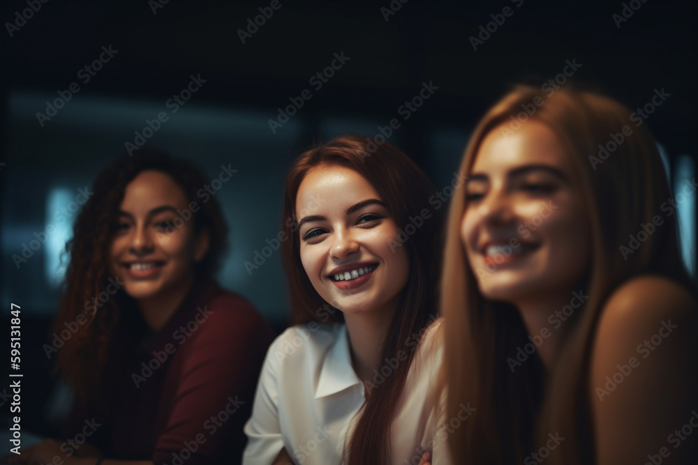 Obraz premium young adult women side by side, smiling and beaming good mood and joy, fun and entertainment in group, friends or team. Generative AI