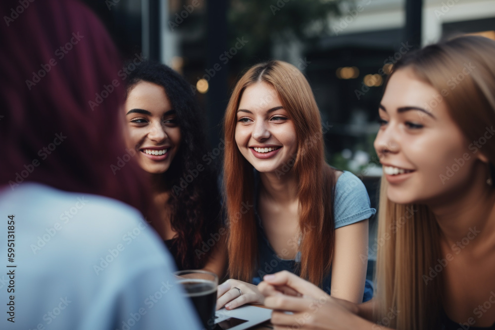 young adult women side by side, smiling and beaming good mood and joy, fun and entertainment in group, friends or team. Generative AI