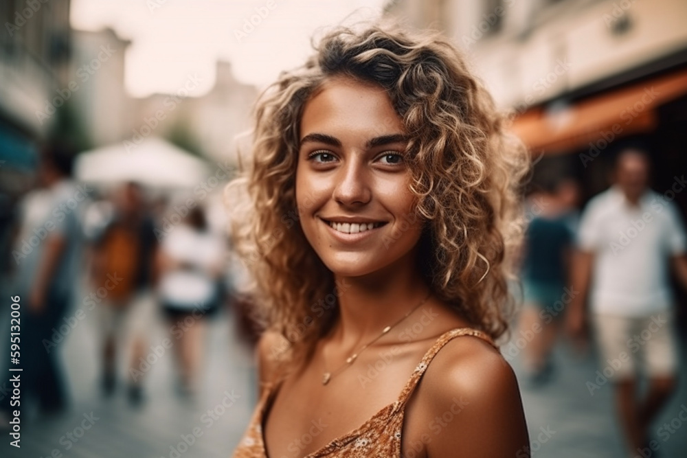 young adult woman, blonde, outdoors on a street with other people in the background, in fine summer or spring weather, leisure time and city life. Generative AI young adult woman, blonde, outdoors on a street with other people in the background, in fine summer or spring weather, leisure time and city life. Generative AI
