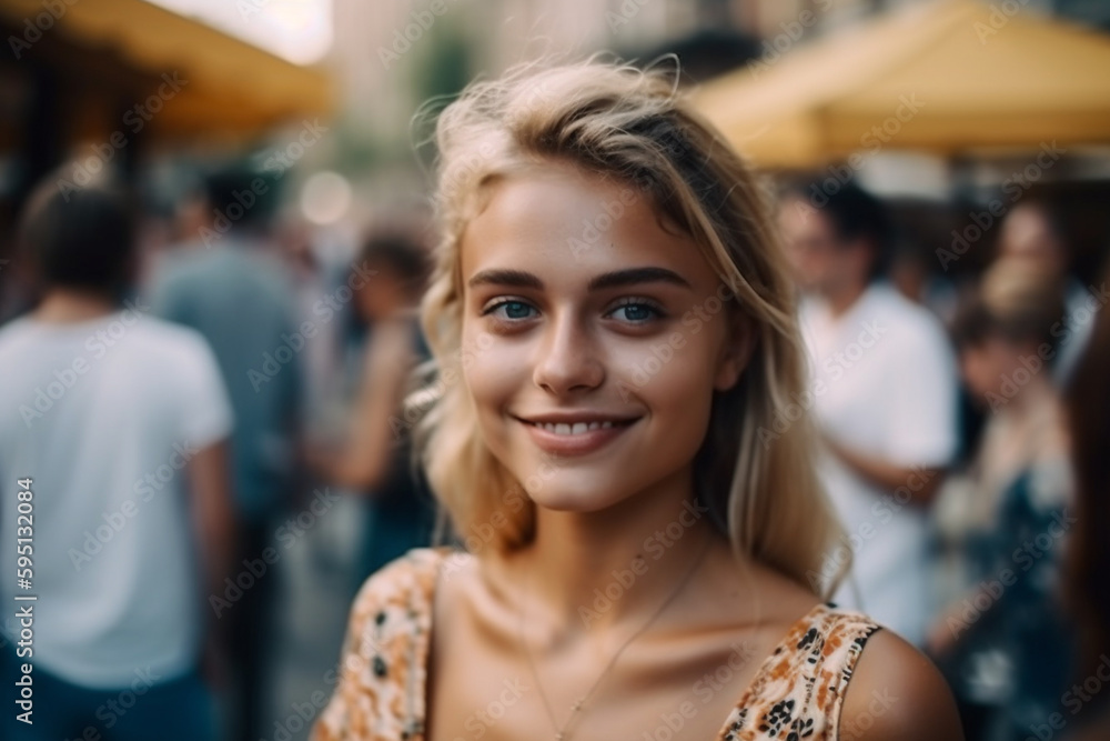 young adult woman, blonde, outdoors on a street with other people in the background, in fine summer or spring weather, leisure and city life. Generative AI