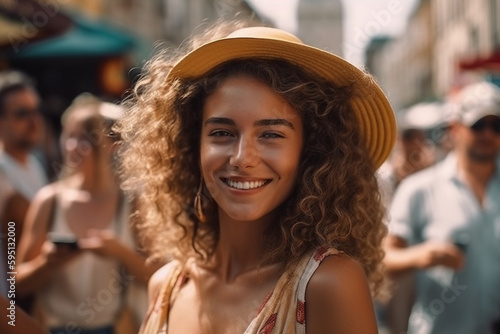 young adult woman, blonde, outdoors on a street with other people in the background, in fine summer or spring weather, leisure time and city life. Generative AI