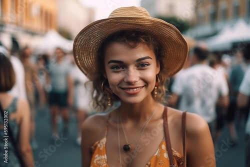 young adult woman, blonde, outdoors on a street with other people in the background, in fine summer or spring weather, leisure time and city life. Generative AI