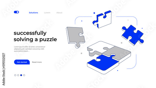 Connection puzzle pieces 3d vector illustration. Blue and grey color jigsaw Puzzles connect.