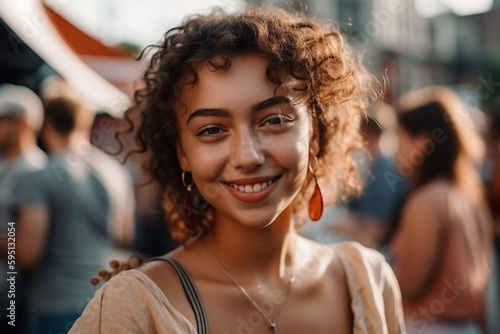 young adult woman, blonde, outdoors on a street with other people in the background, in fine summer or spring weather, leisure time and city life. Generative AI