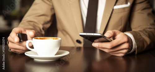 Business man drinking coffee and use his smart phone.  Happy young man using mobile phone apps  texting message  browsing internet  looking at smartphone. Young people working with mobile devices. ai