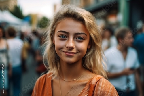 young adult woman, blonde, outdoors on a street with other people in the background, in fine summer or spring weather, leisure and city life. Generative AI © wetzkaz