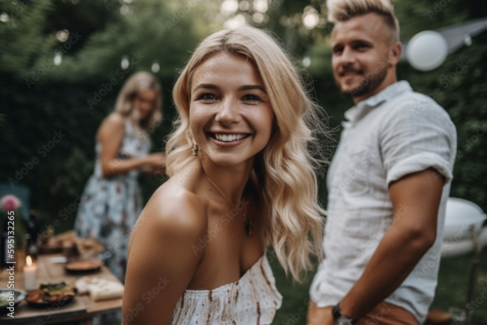 young adult woman, blonde, outside in a garden in fine summer and spring weather. Generative AI young adult woman, blonde, outside in a garden in fine summer and spring weather. Generative AI