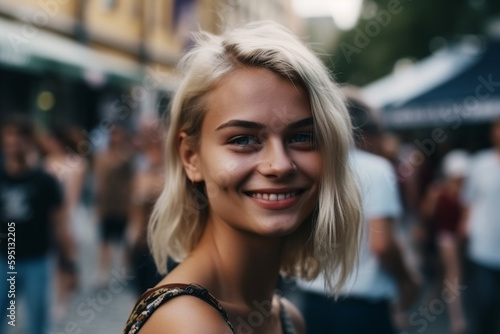 young adult woman, blonde, outdoors on a street with other people in the background, in fine summer or spring weather, leisure and city life. Generative AI