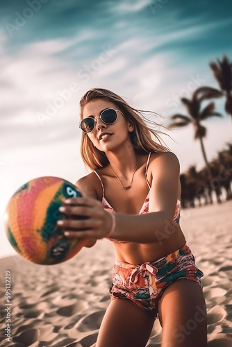 Frau spielt Volleyball am Strand KI