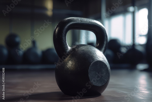 An empty gym awaits, its kettlebell poised for the next workout, embodying the dedication and strength required for a fitness journey and pursuit of a healthier lifestyle. Generative AI.