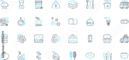 Food-preparation linear icons set. Chop, Blend, Bake, Saut?, Roast, Grill, Poach line vector and concept signs. Steam,Mix,Knead outline illustrations