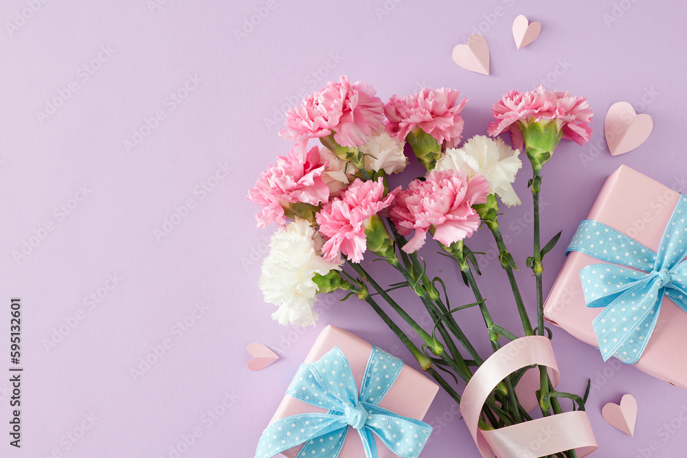 Concept of expressing gratitude on Mother's Day. Top view photo of gift boxes bouquet of pink white carnations and paper hearts on light violet background. Flat lay with for text or greeting message