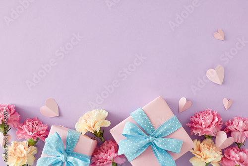 Concept of stylish gift for Mother's Day. Top view photo of gift boxes colorful carnation flowers and paper hearts on pastel violet background. Flat lay with empty space for text or message