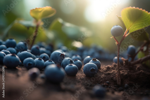 Nestled on a mountainside, blueberry bushes flourish, providing a picturesque scene of healthy, natural, and fresh fruits that celebrate the beauty of organic vegetarian agriculture. Generative AI. 