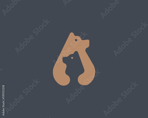Cute mom and baby bear logo. Wildlife symbol. Creative love care sign. Vector illustration.