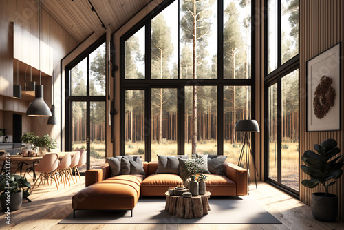 Interior of a house in the forest AI