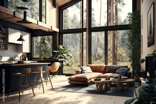 Interior of a house in the forest AI